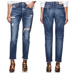 Moussy Barneys New York Distressed High Rise Straight Leg Jeans Blue Size 27